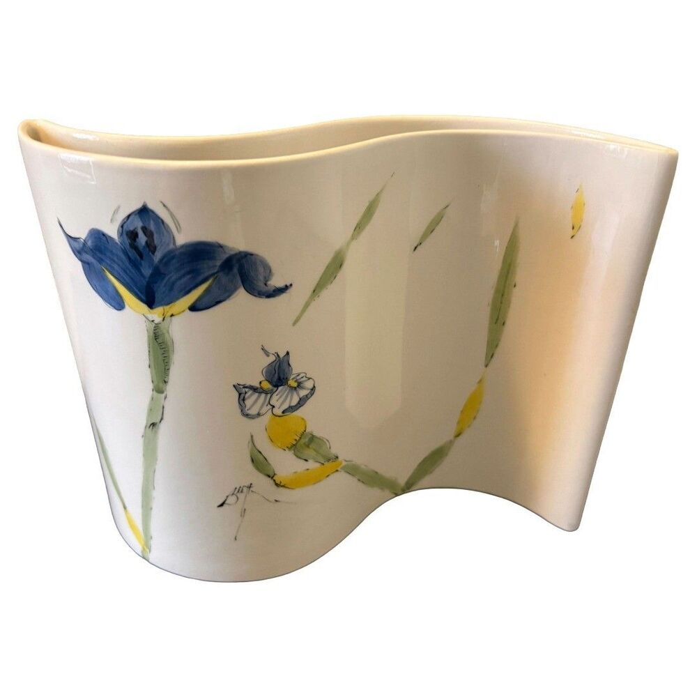 Vintage Barbara Baatz Iris Wavy Vase Hand Painted Ceramic Blue Yellow 8.5"